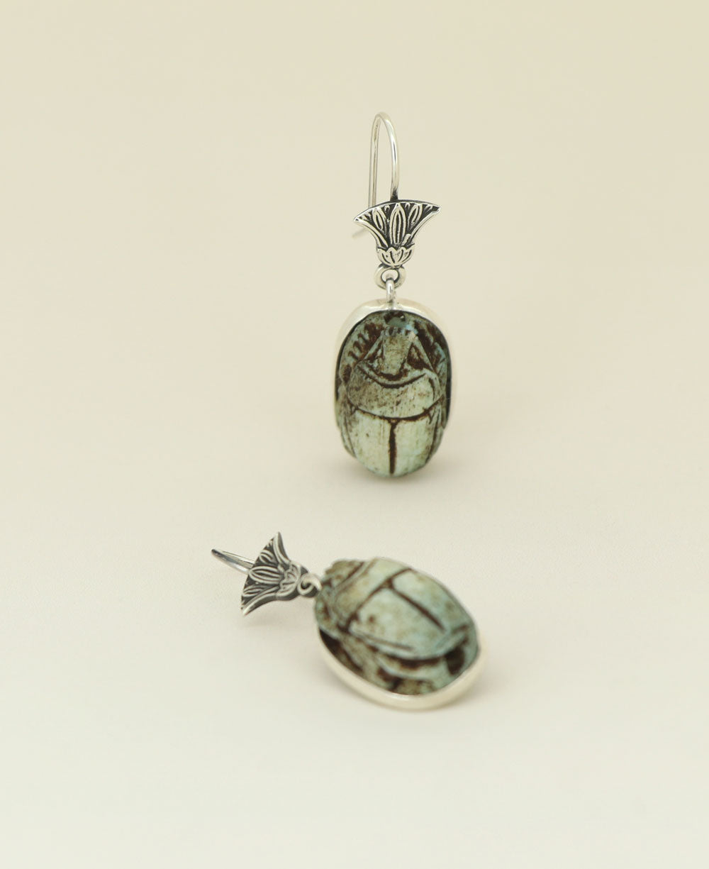 Intricately Carved Scarab and Lotus Design on Sterling Silver Earrings