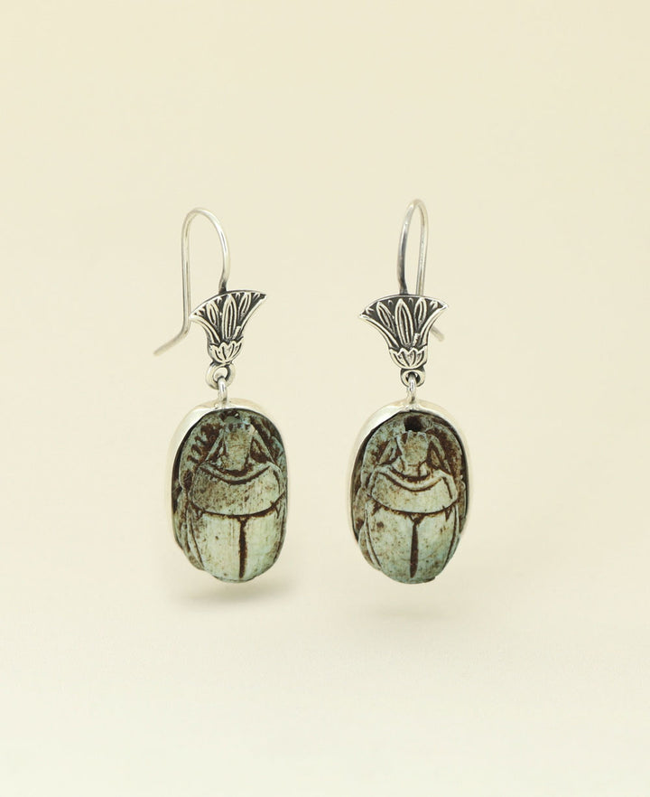 Handcrafted Sterling Silver Scarab and Lotus Earrings