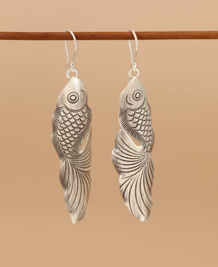Hill Tribe Silver Dangling Fish Design Earrings, Laos