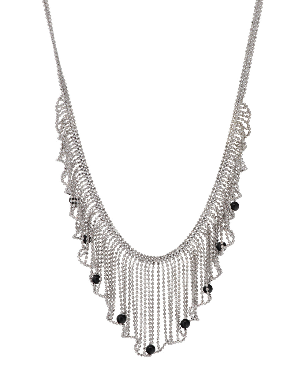 Hill-Tribe silver necklace with rhodium plating and delicate fringe design