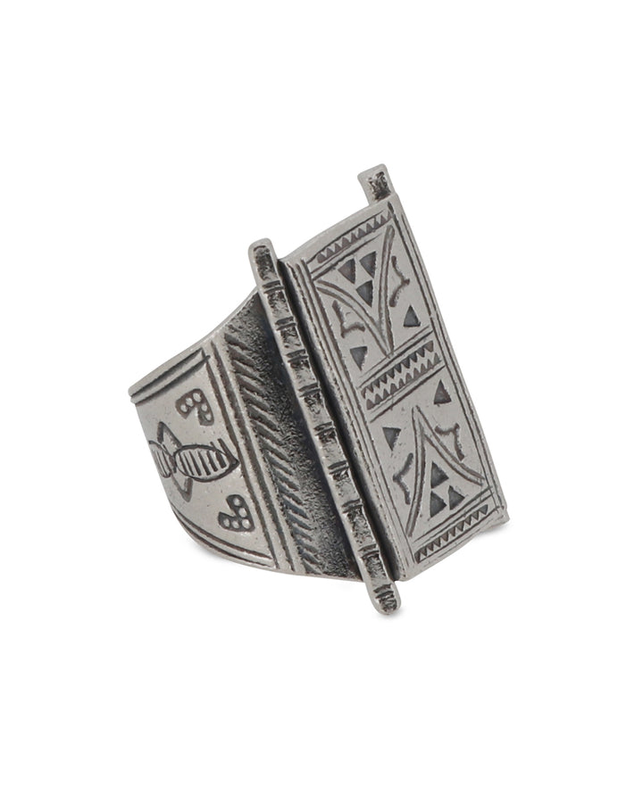 Unisex Thai Hilltribe Silver Ring with Rectangular Tribal Etched Front