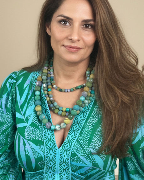 Textile-wrapped beads with sprinkled gemstones, handmade necklace