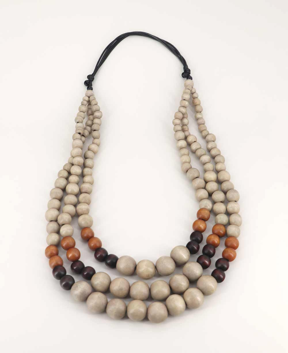 tri-color layered wood bead necklace