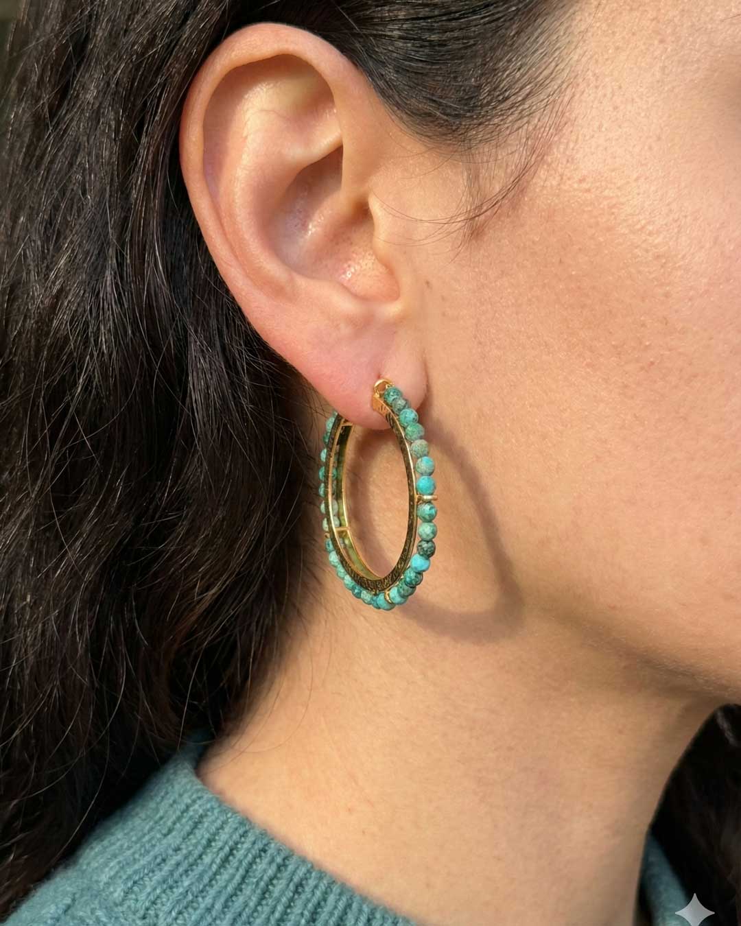 Tibetan Turquoise Hammered Hoop Earrings