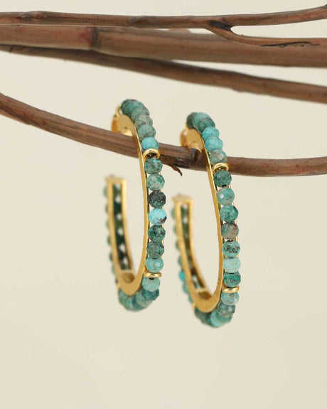 Tibetan turquoise hoop earrings with gold finish