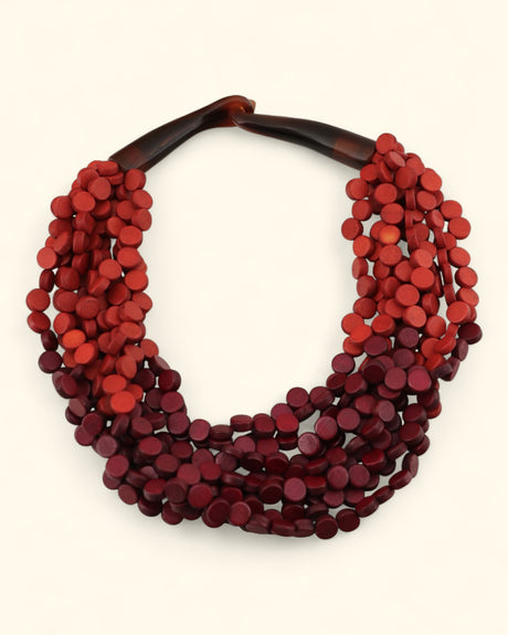 Twisted wood disc necklace in red and burgundy