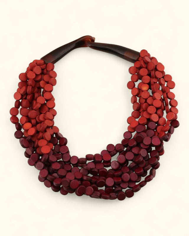 Twisted wood disc necklace in red and burgundy