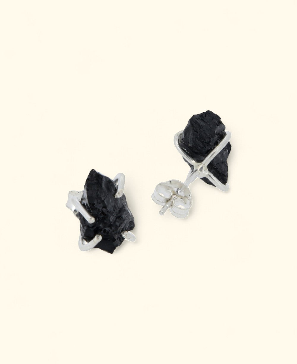 Sterling Silver Raw Cut Black Tourmaline Stud Earrings