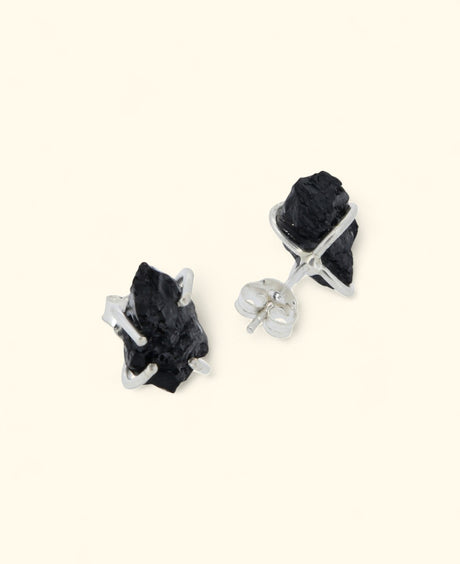 Sterling Silver Raw Cut Black Tourmaline Stud Earrings