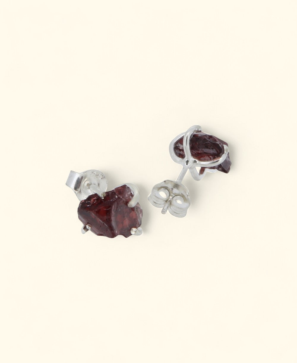 Sterling Silver Raw Cut Garnet Stud Earrings