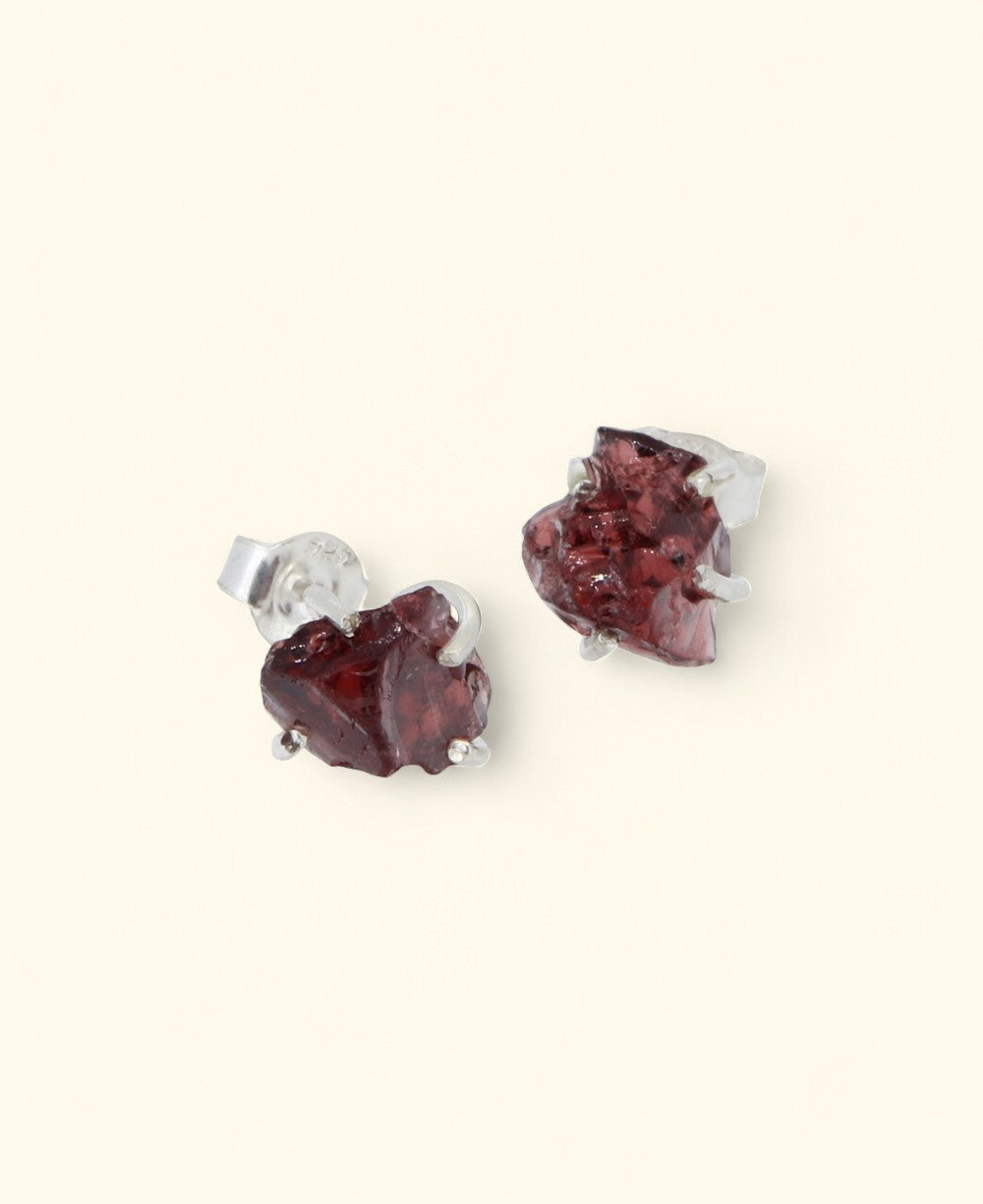 Sterling Silver Raw Cut Garnet Stud Earrings