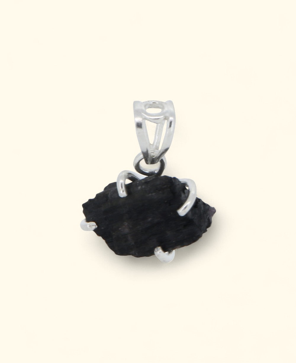 Sterling Silver Raw Cut Black Tourmaline Pendant