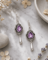 Amethyst Sterling Silver Drop Earrings — earrings, editorial marble lifestyle photo