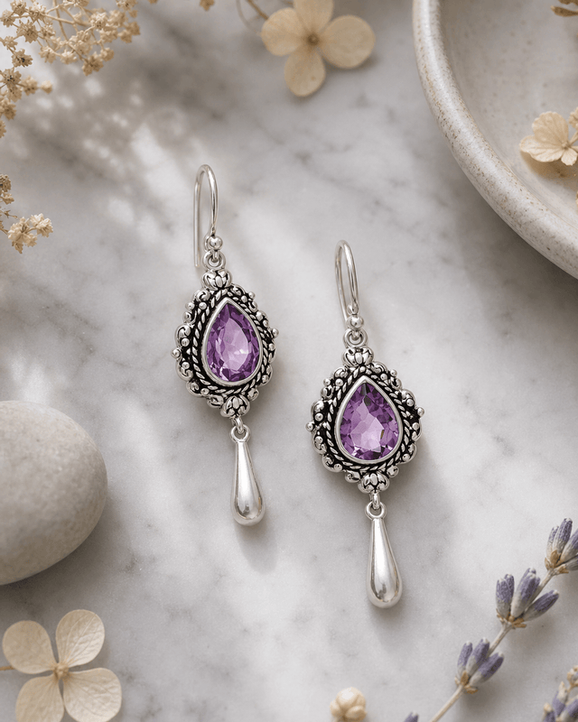 Amethyst Sterling Silver Drop Earrings — earrings, editorial marble lifestyle photo