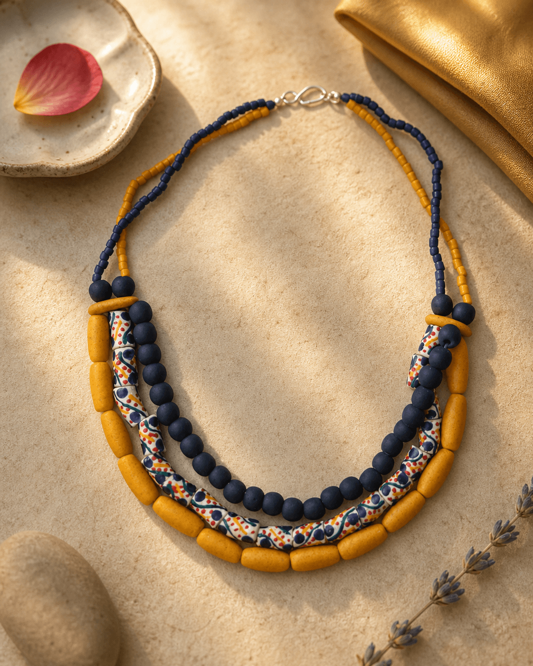Asymmetric Multi-Row Recycled Glass Bead Necklace — necklaces, vibey closeup lifestyle photo