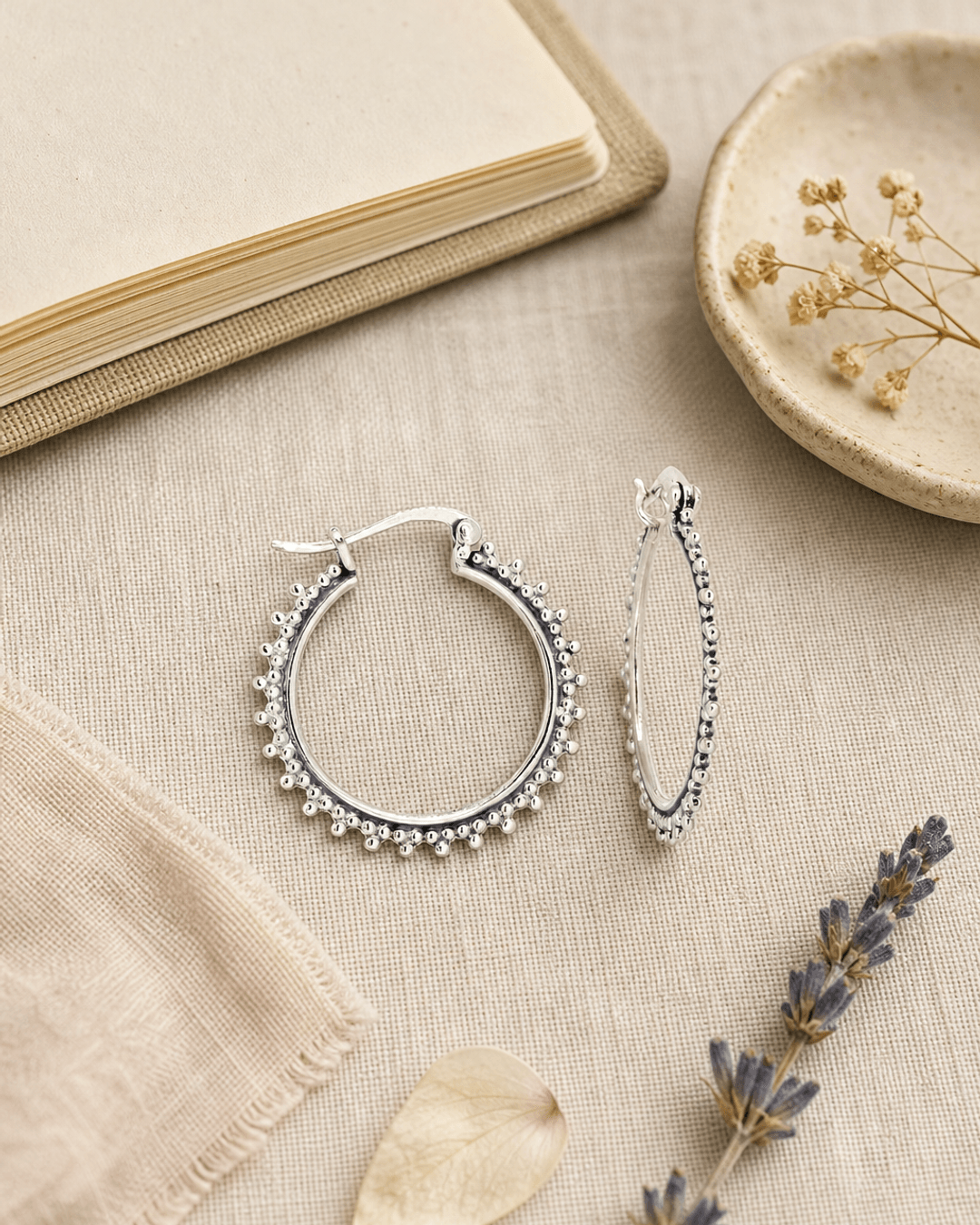 Dainty Beaded Edge Silver Hoops — earrings, flatlay linen lifestyle photo