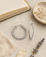 Dainty Beaded Edge Silver Hoops — earrings, flatlay linen lifestyle photo