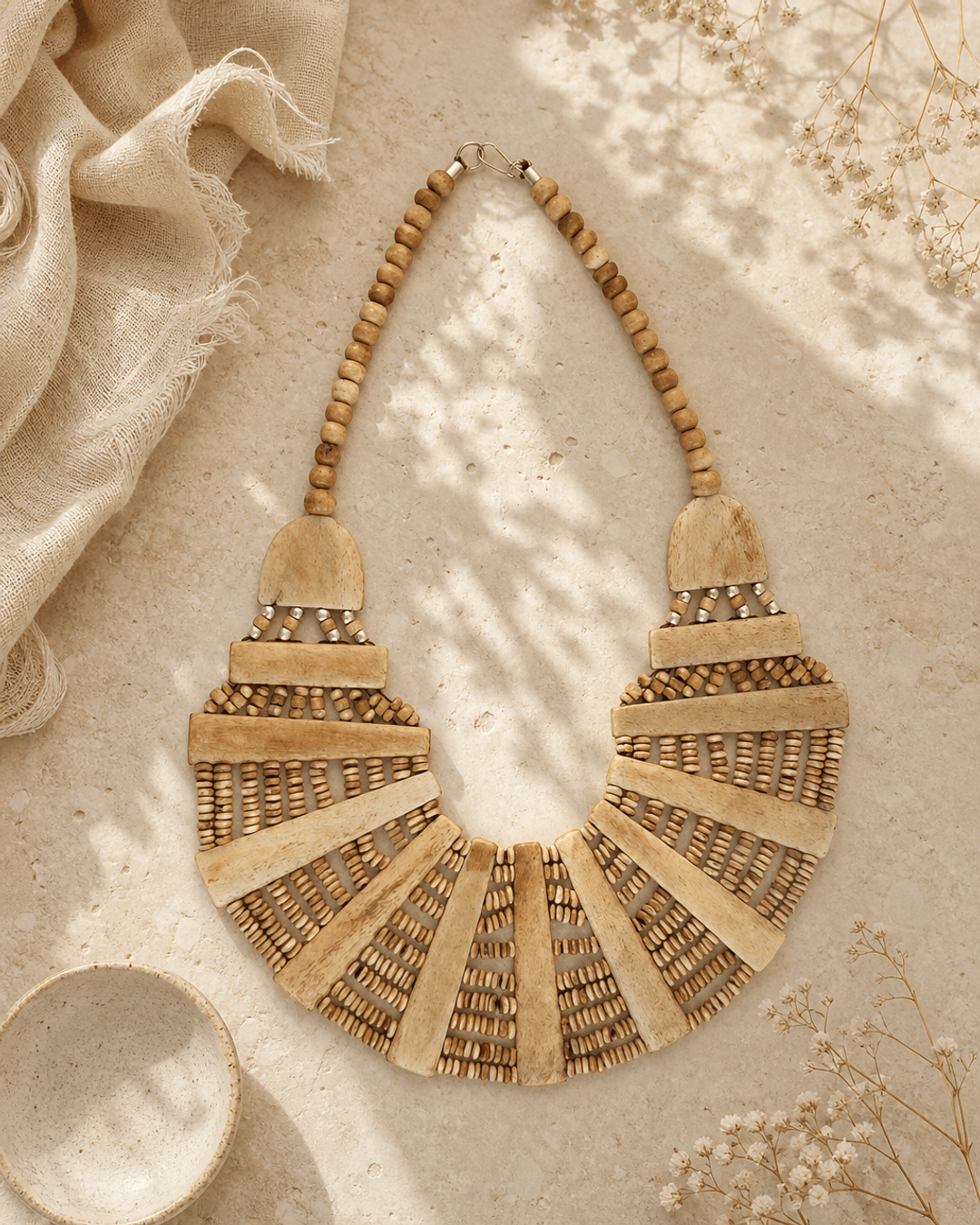 Beige Tones Statement Bib Necklace — necklaces, editorial travertine lifestyle photo