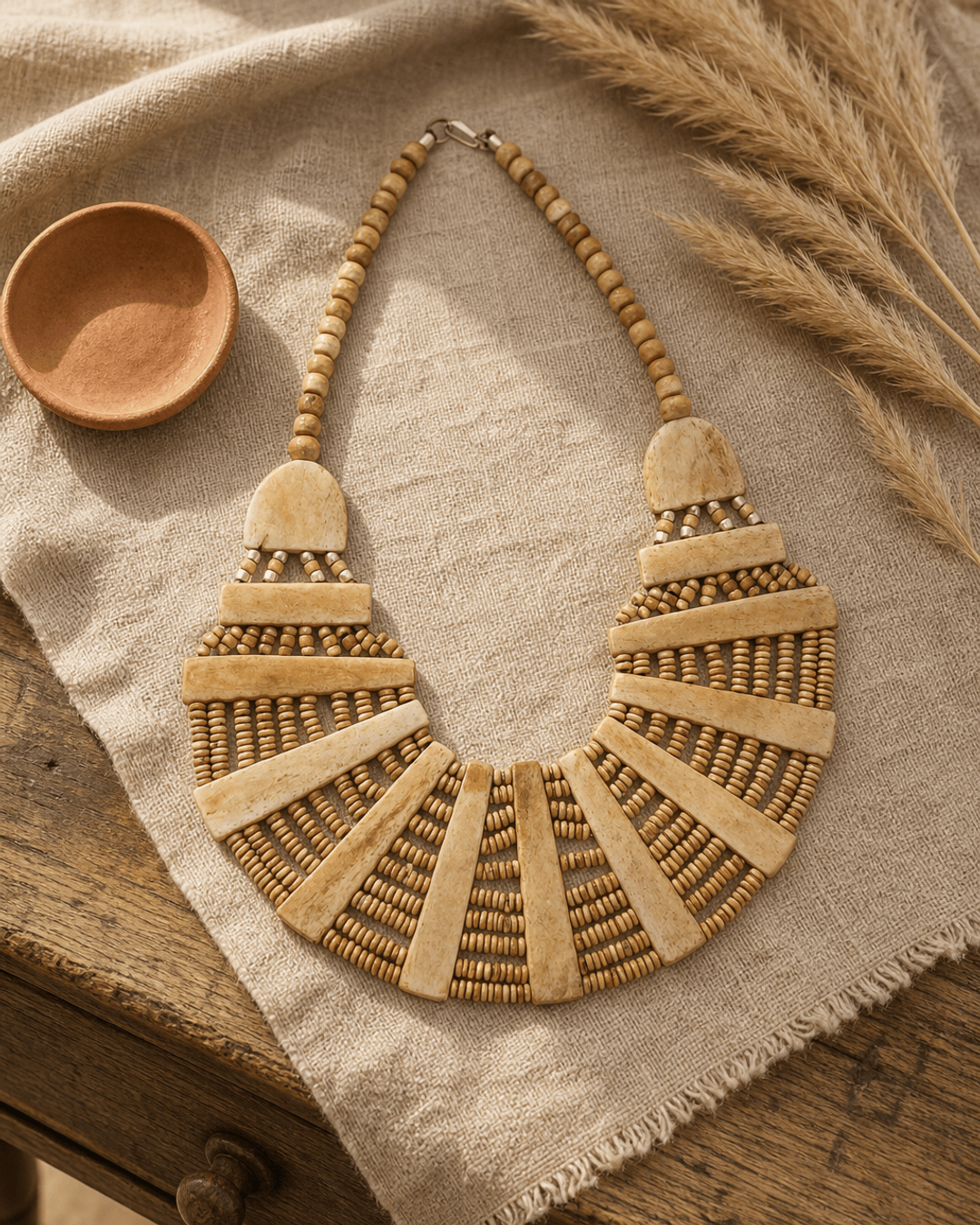 Beige statement bib necklace with layered tones displayed on linen fabric beside a journal