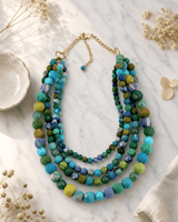 Blue-Green Kantha Bead Statement Necklace — necklaces, editorial marble lifestyle photo
