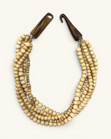 Five-strand bone bead necklace on white background with horn hook closure open, both clasp pieces separated showing mechanism
