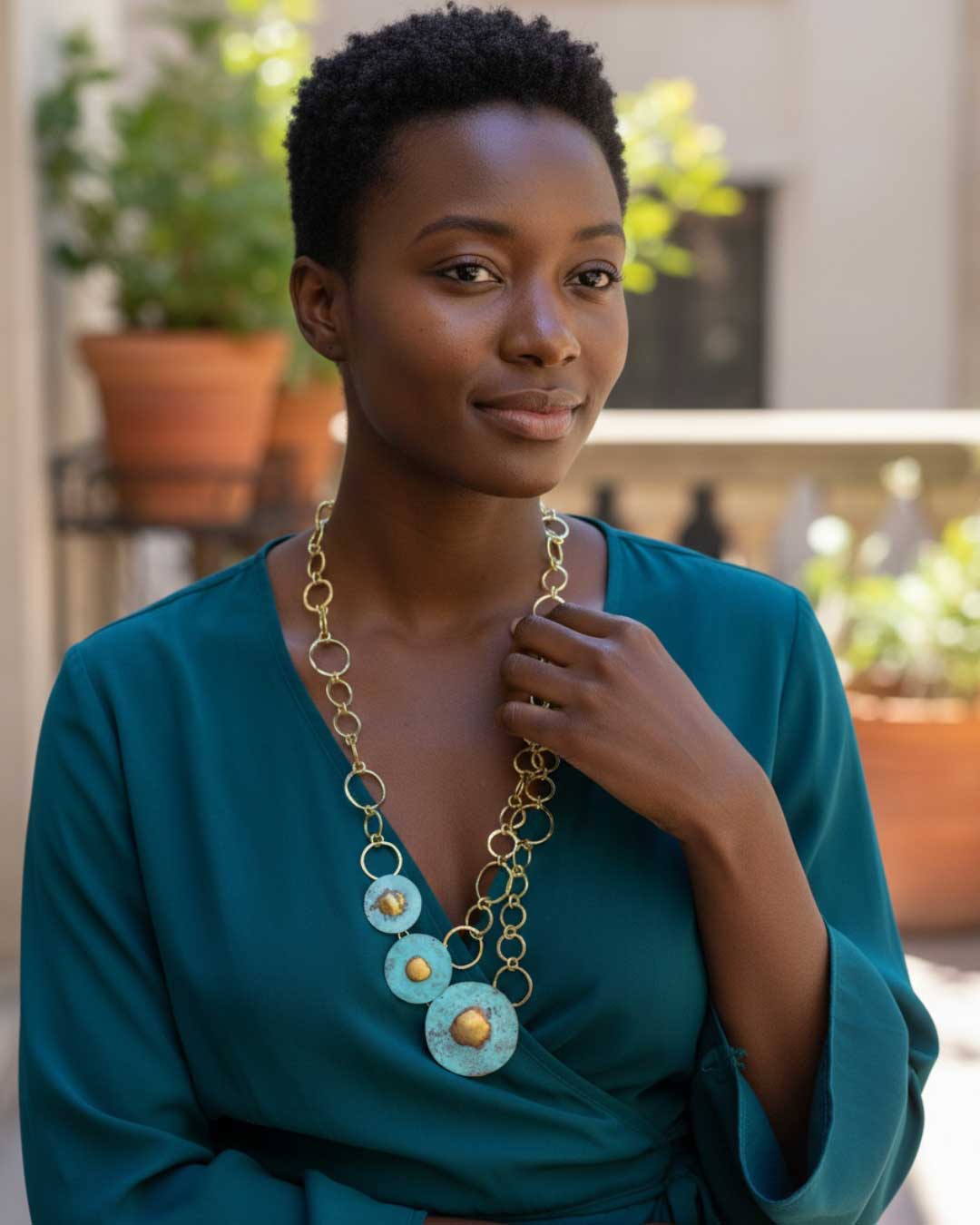 Hand-forged brass disc blue patina necklace worn by a woman in a teal wrap top, standing outdoors with terracotta planters in the background