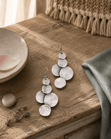 Cascade Textured Disc Drop Earrings — earrings, editorial wood lifestyle photo