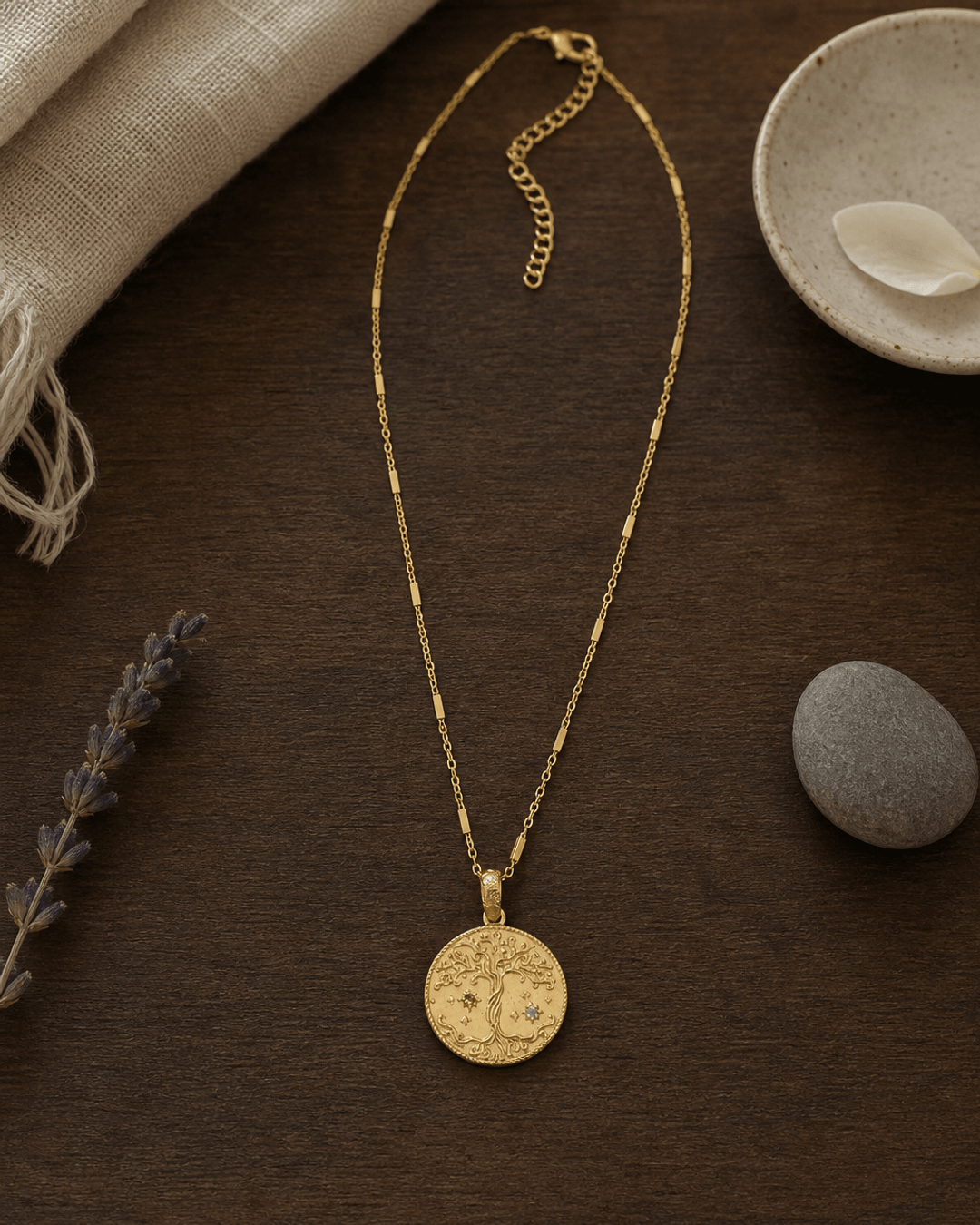 Celestial Tree of Life Gold Plated Necklace — necklaces, meditation corner lifestyle photo