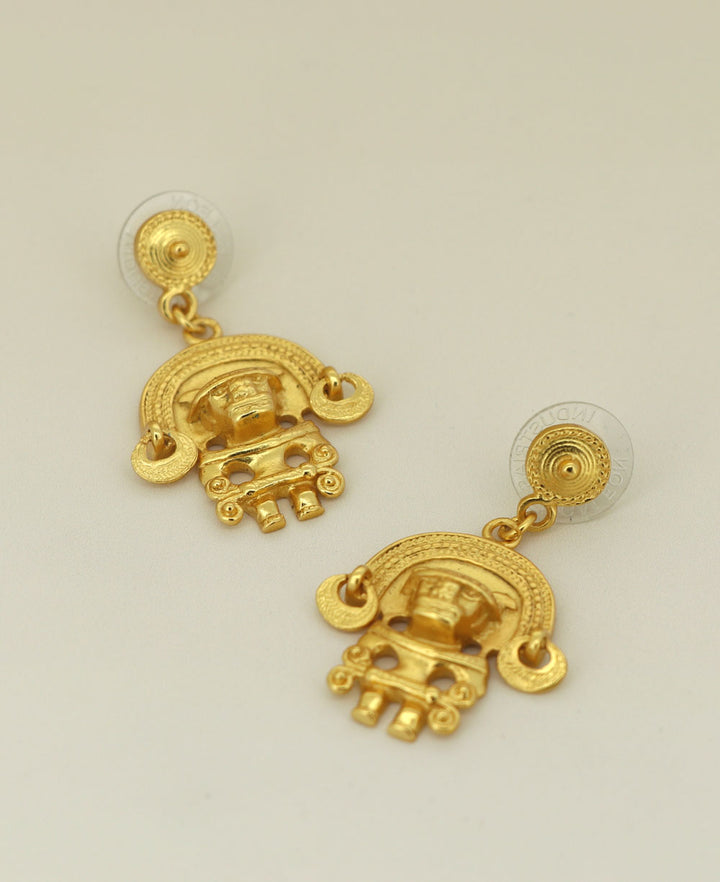 Tairona Symbol Earrings on a light background, emphasizing the detailed symbol and robust disc