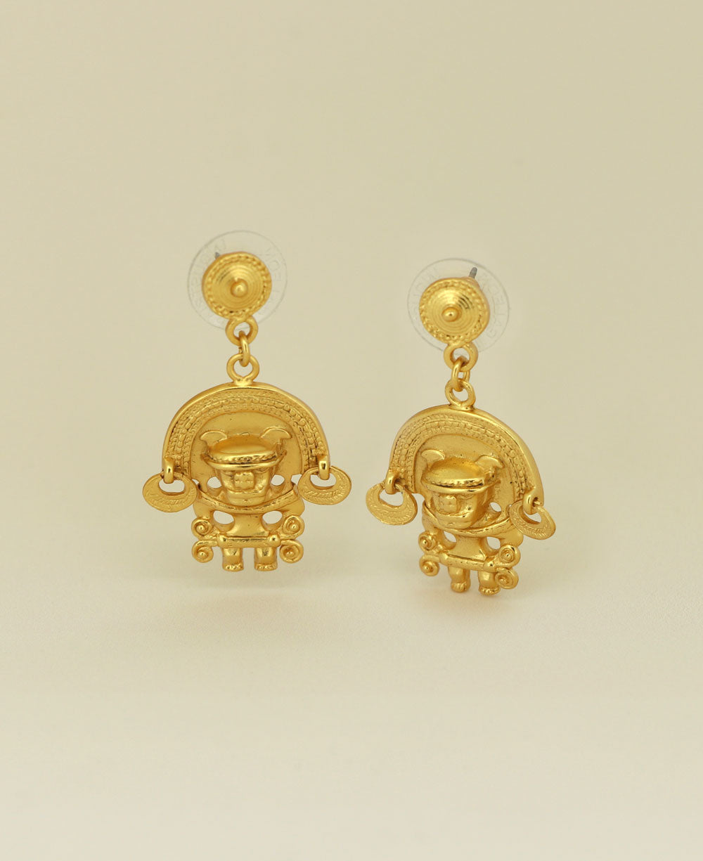Close-up image of the Gold Plated Tairona Symbol Earrings highlighting the intricate design and glowing gold plating