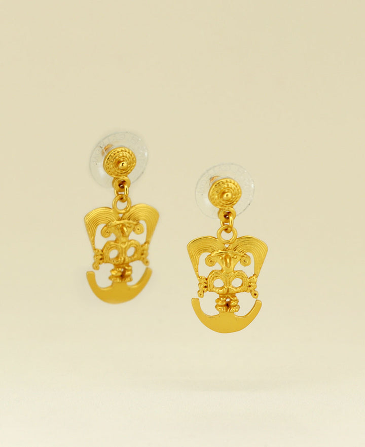 Close-up view of the Gold Plated Cauca Symbol Earrings, showcasing the intricate design and gleaming gold plating