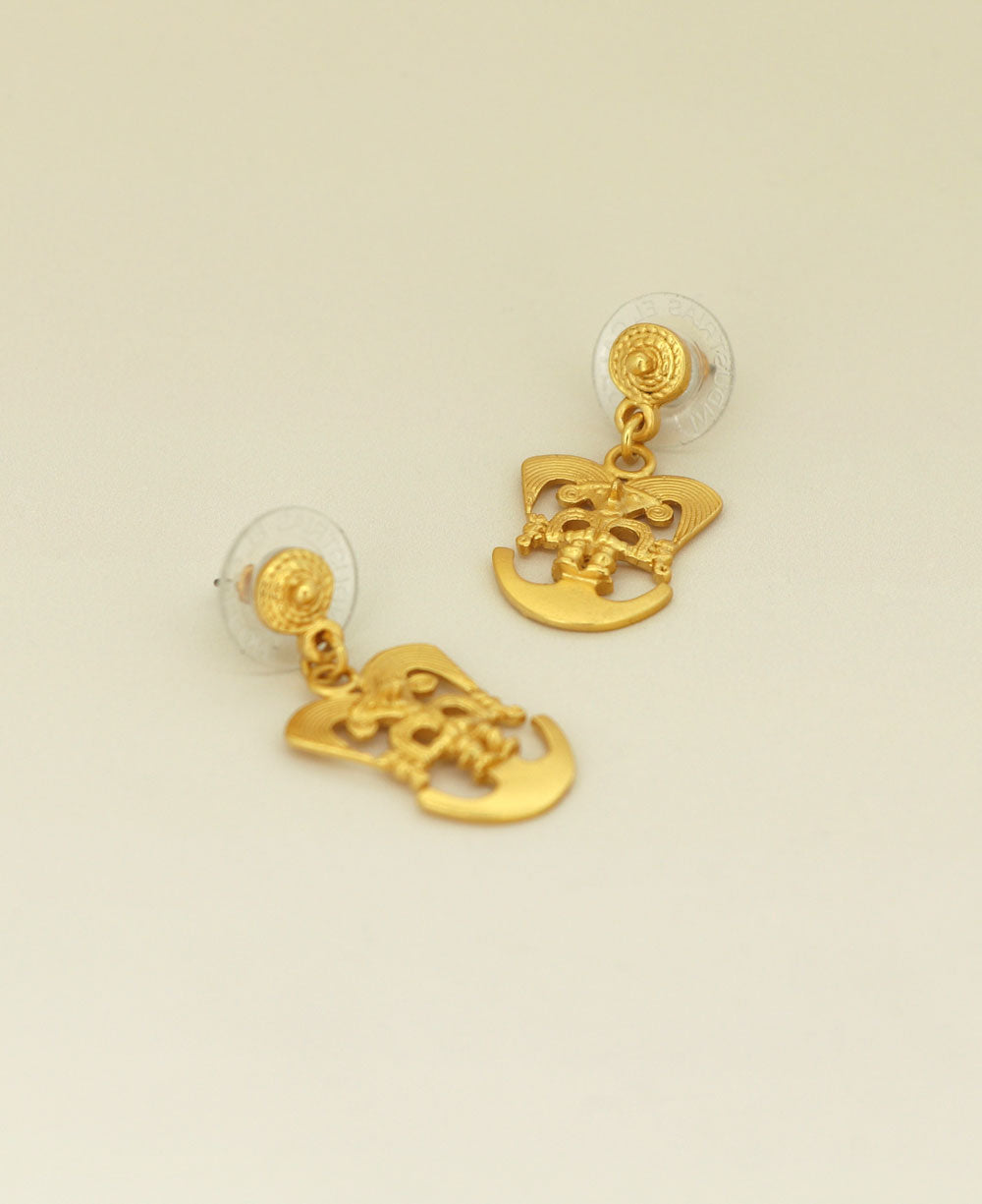 Gold Plated Cauca Symbol Earrings displayed against a neutral backdrop, emphasizing their historical design and brilliant finish