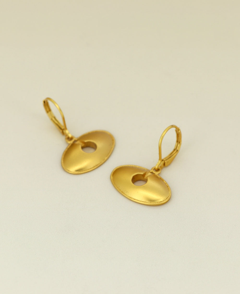 Gold Plated Oval Keyhole Symbol Earrings displayed against a neutral background, emphasizing their historical design and lustrous sheen