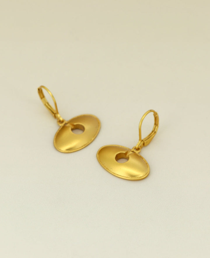 Gold Plated Oval Keyhole Symbol Earrings displayed against a neutral background, emphasizing their historical design and lustrous sheen