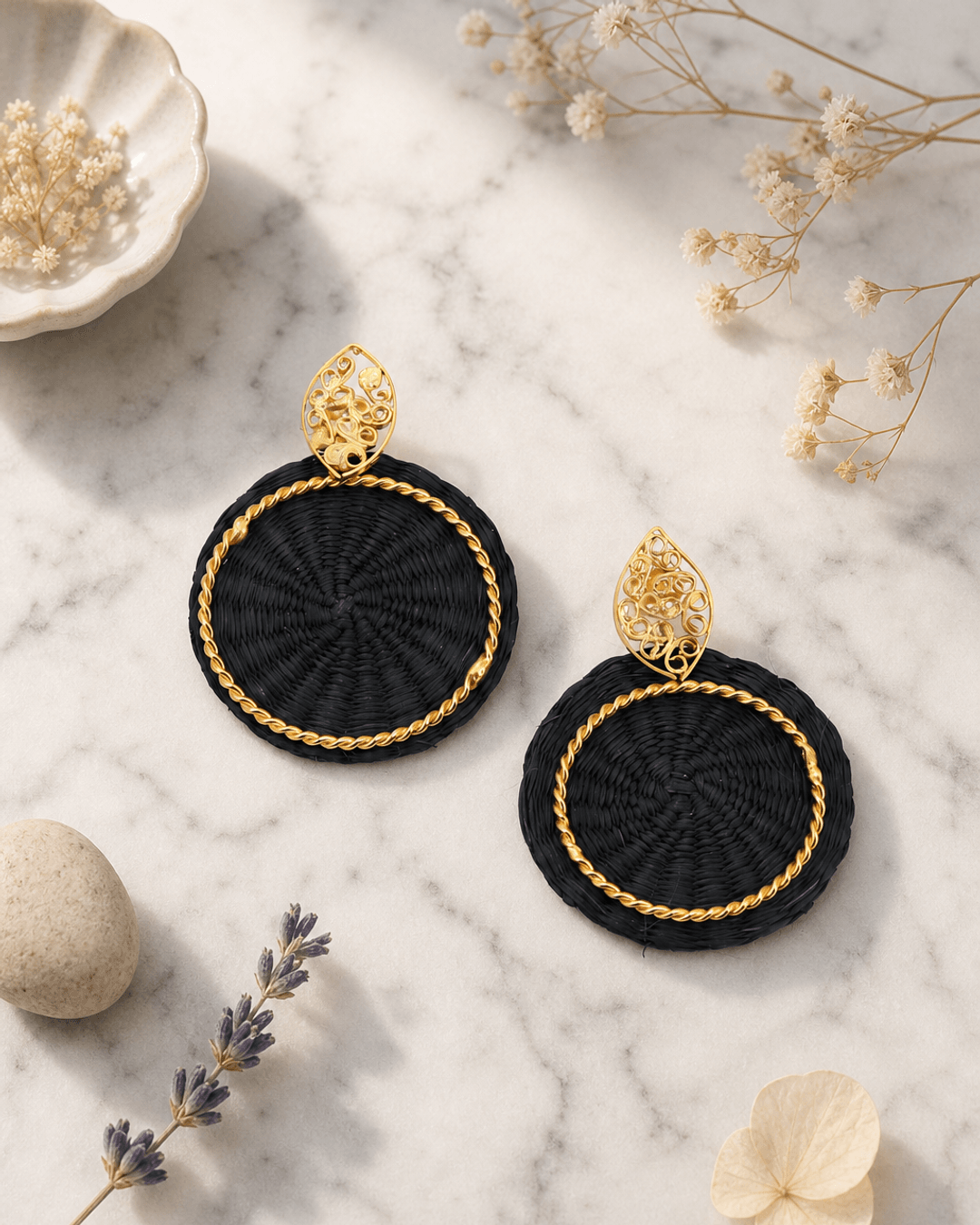 Colombian Artisanal Filigree Iraca Palm Earrings — earrings, editorial marble lifestyle photo