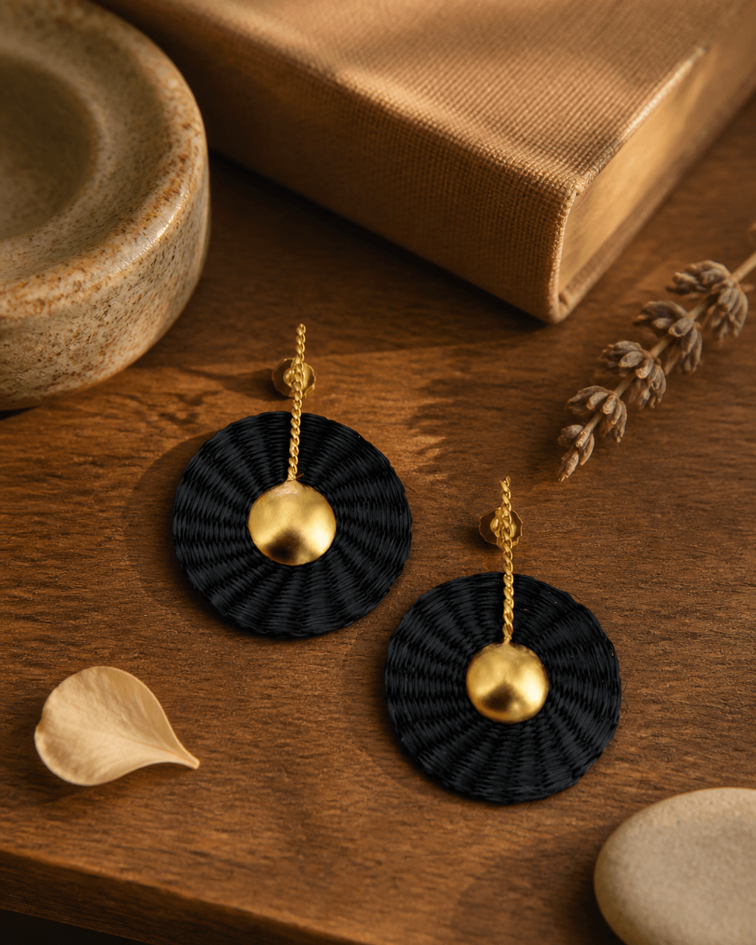 Colombian Artisanal Gilded Iraca Palm Earrings — earrings, sunlit shelf lifestyle photo