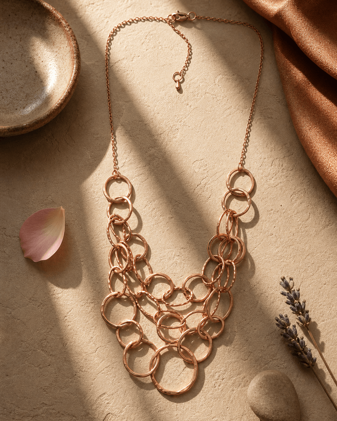 Copper Multi-Layered Hammered Ring Necklace — necklaces, vibey shadow lifestyle photo