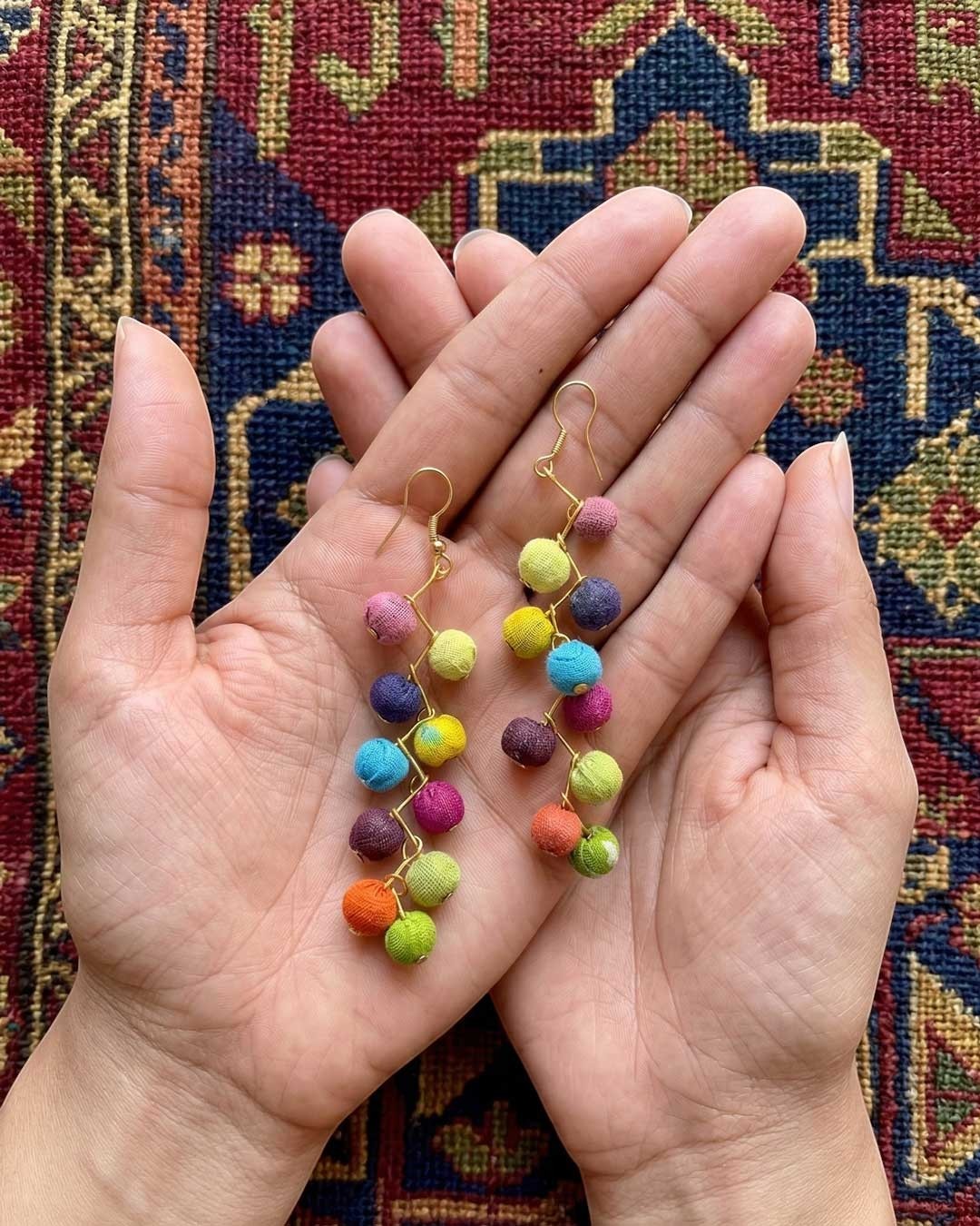 Cultural Elements multi-color Kantha bead drop earrings with recycled textile beads and gold-tone hooks.