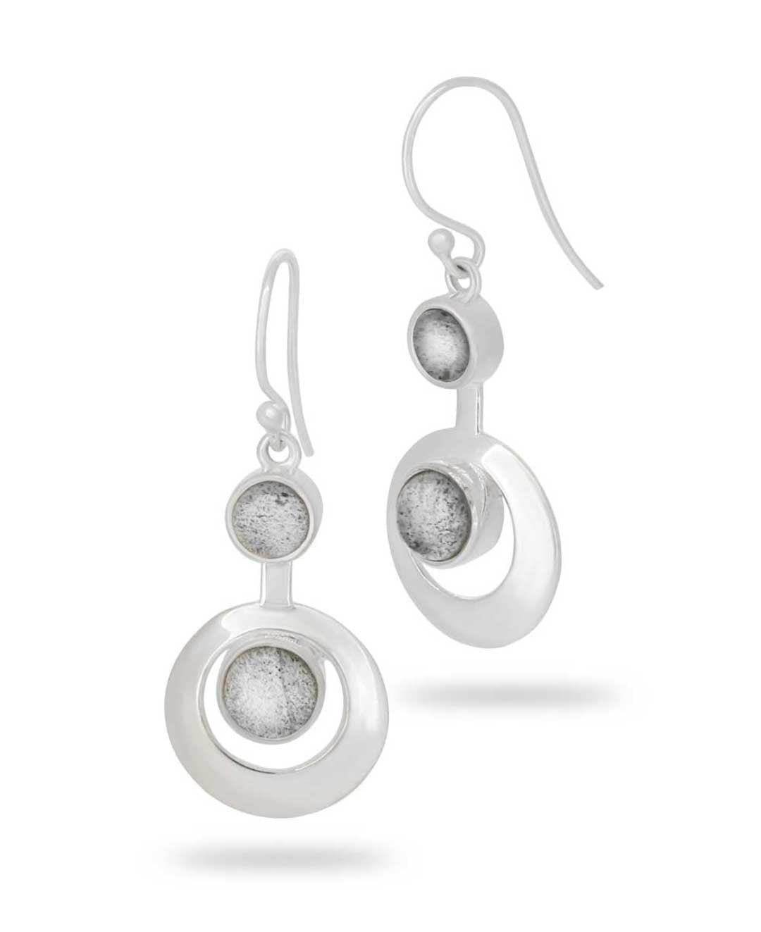Cultural Elements sterling silver kinetic earrings with moonstone inlays, 1 inch long.
