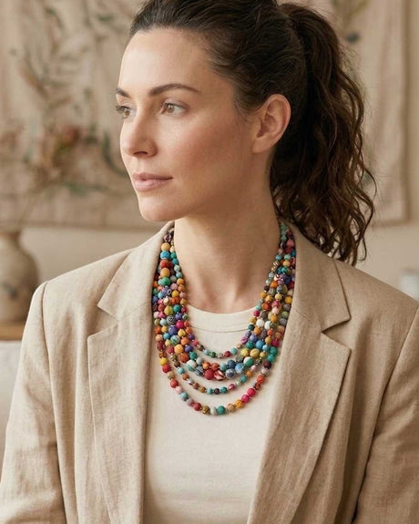 Cultural Elements multicolor layered necklace with five strands of textile beads and brass spacers.