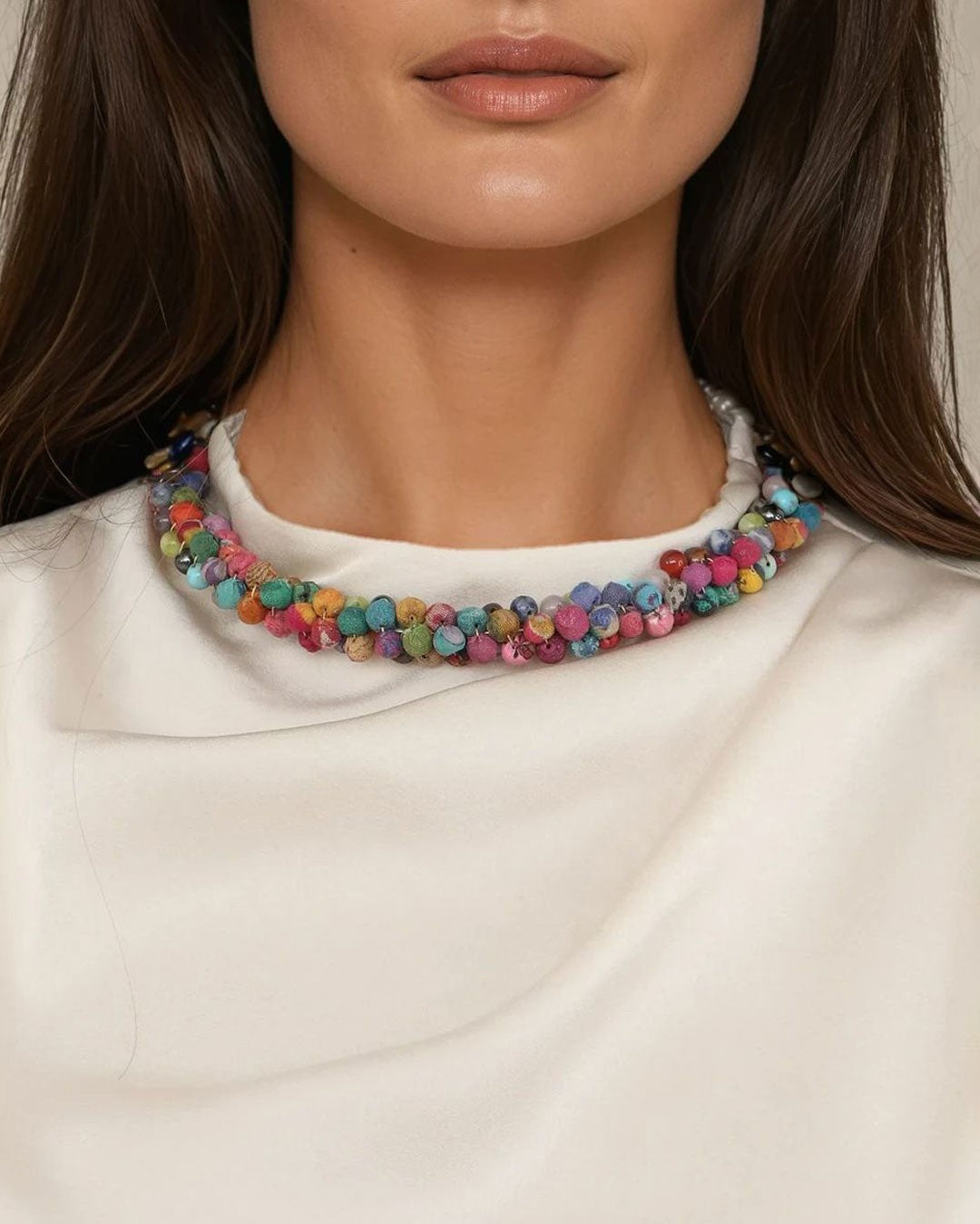 Recycled textile and gemstone jewelry