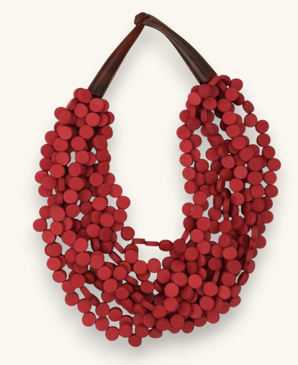 Cultural Elements twisted multi-strand red wood disc necklace with horn closure, 21 inches.