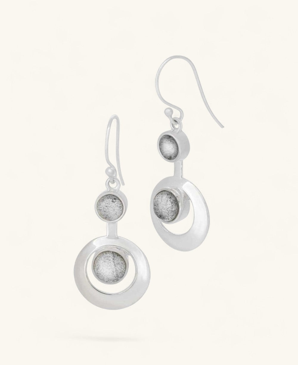 Cultural Elements sterling silver kinetic earrings with moonstone inlays, 1 inch long.