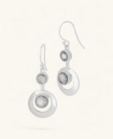 Cultural Elements sterling silver kinetic earrings with moonstone inlays, 1 inch long.