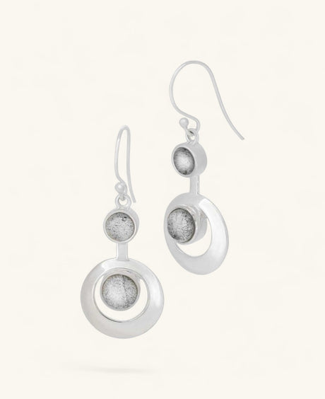 Cultural Elements sterling silver kinetic earrings with moonstone inlays, 1 inch long.
