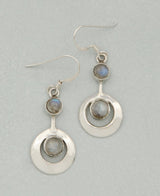 Cultural Elements Sterling Silver Gemstone Kinetic Earrings with moonstone inlays, 1 inch long.