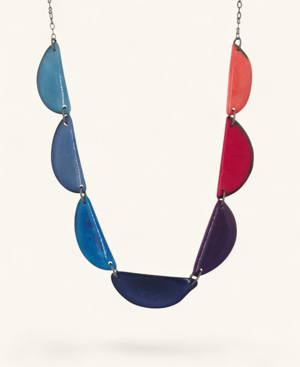 Handcrafted Tagua necklace with multicolor crescent design