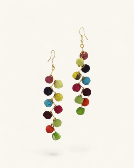 Cultural Elements multi-color Kantha bead drop earrings, handcrafted from recycled textiles and alloy.