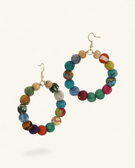 Cultural Elements multicolor fabric-wrapped beaded hoop earrings with hook closures, made from recycled textiles.