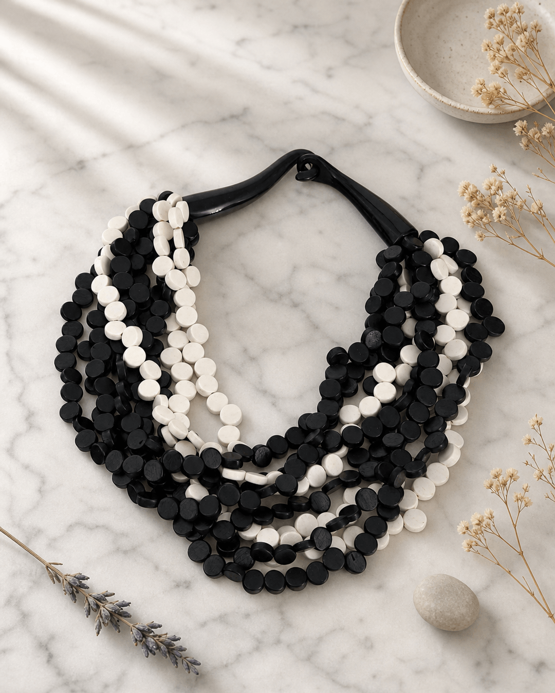 Black and White Layered Necklace — necklaces, editorial marble lifestyle photo